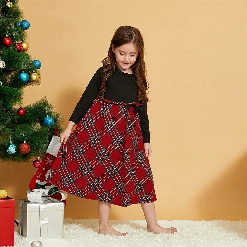 2021Christmas Family Matching Outfits Mother Daughter Red Plaid Dress Princess Splice Dress Women Baby Girls Party Family Look