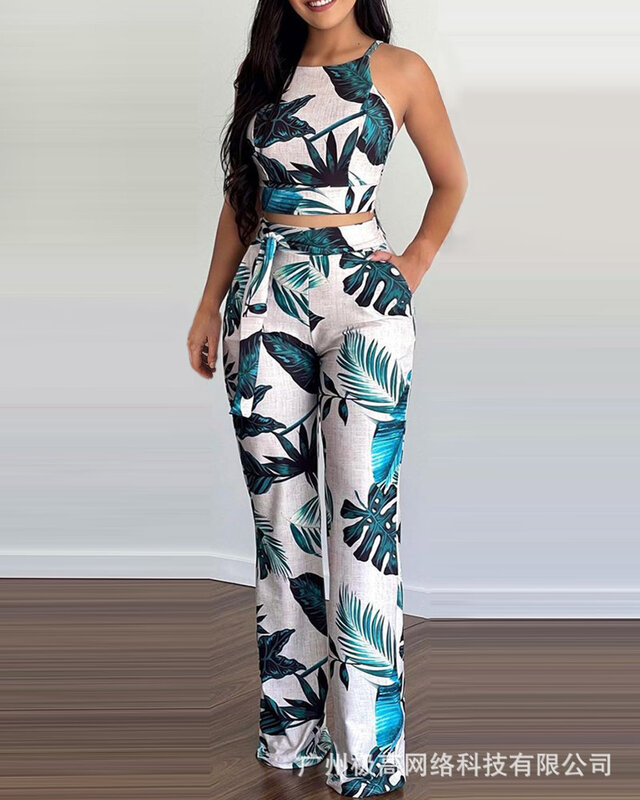 Женский костюм с цифровым принтом, пикантные подтяжки с принтом пальмовых листьев, брюки с поясом, 2021