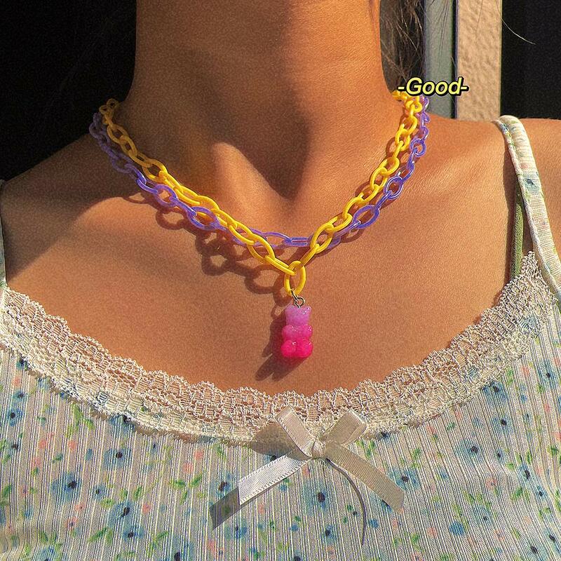 Ожерелье-чокер в стиле Харадзюку для женщин, Двухслойное ожерелье с мультяшными животными, колье с подвеской в виде конфет, мишки, Y2K