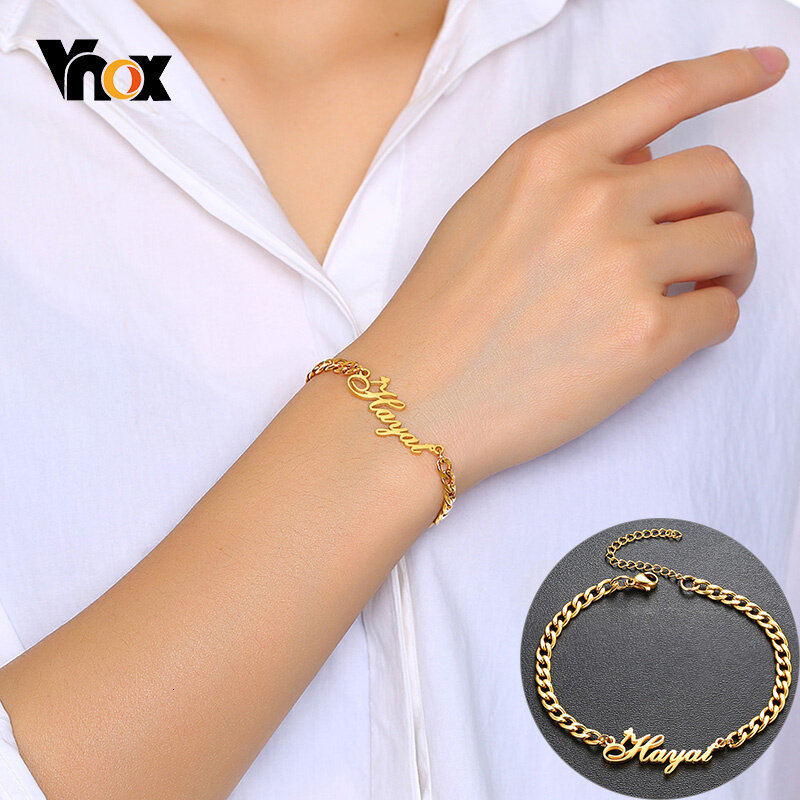 Vnox Personalisasi Nama Di Gelang untuk Wanita Pria Solid Stainless Steel Adjustable Unisex Perhiasan Kustom Yang Unik Suster BFF Hadiah