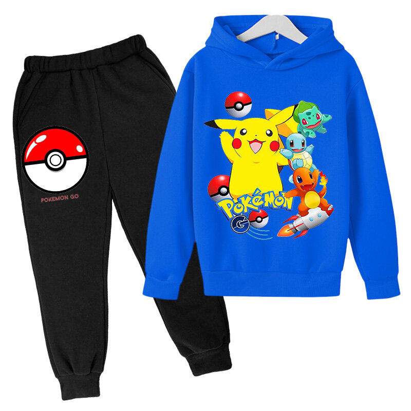 2021 nova pikachu hoodie pokemon-terno de algodão crianças com capuz e calça de duas peças conjunto de roupas de crianças 4-14 anos menina meninos setautumn