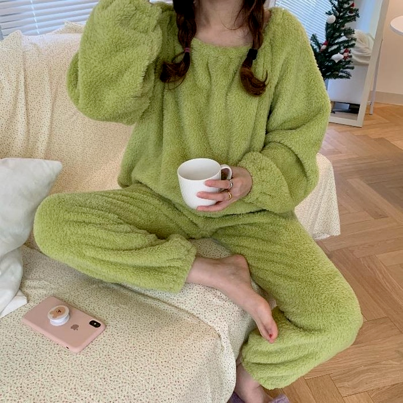 Qweek Pyjama Voor Vrouwen Effen Kleur Flanel Thuis Kleding Roze Geel Groen Pijamas Winter Nachtkleding Koreaanse Fashion Pyjama Leuke