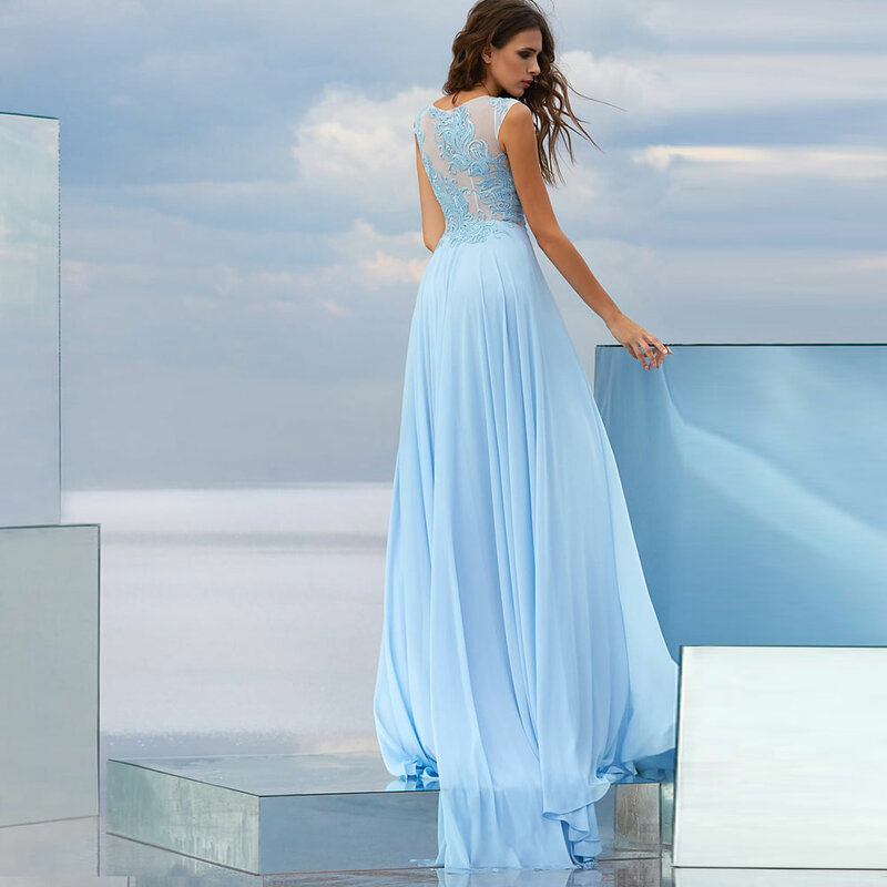 Light Sky Blue A-line Evening Dress Chiffon Jewel Floor Length Side Slit Sleeveless Appliques Evening Party Dress