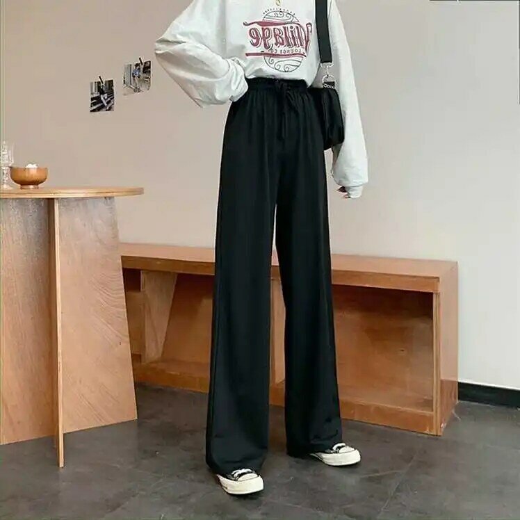 Calça esportiva cinza feminina, calças largas para estudantes soltas de cintura alta com cortina, calças versáteis para esfregar
