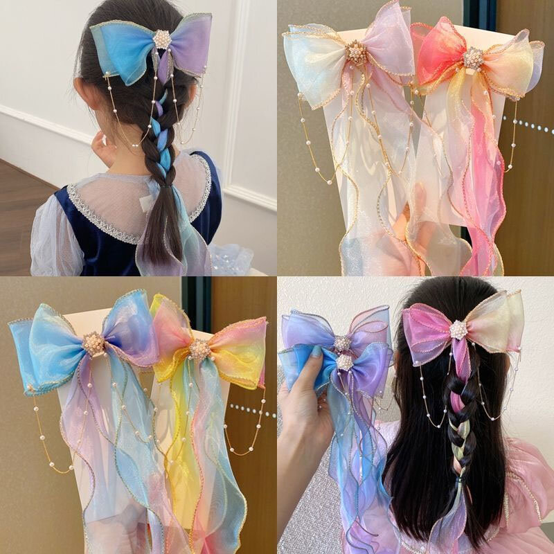 어린이 포니 테일 쉬폰 활 리본 머리핀 꼰 머리 소녀 길어진 줄무늬 머리핀 공주 머리 장식 도매