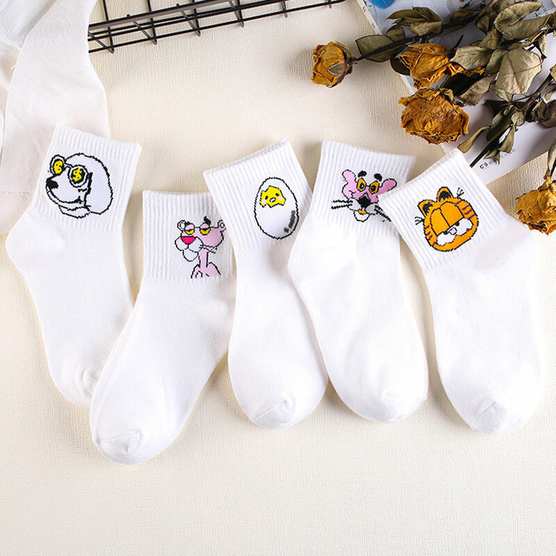 Cartoon Socks Women Lot Kawaii Cute Pink Panther Anime Cat Funny Socks Set Cotton Calcetines White 1 Pair