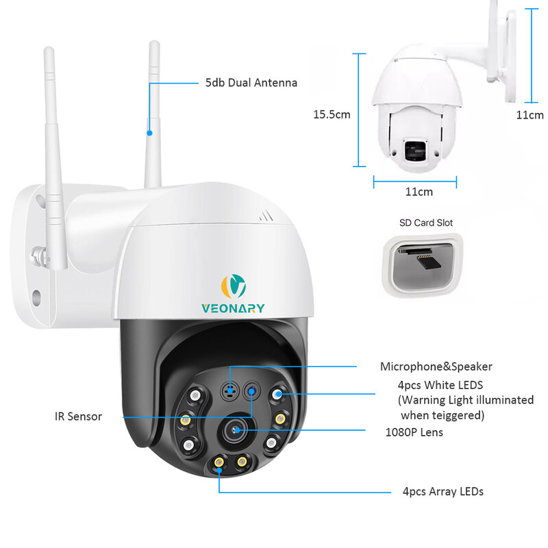 VEONARY-cámara de seguridad inalámbrica PTZ, dispositivo de vigilancia en exterior con Audio de 2 vías, 1536P, 3MP, Zoom Digital 4x, nocturna a Color, 1080P