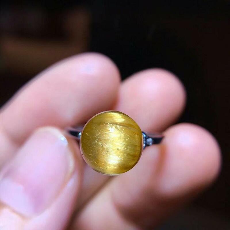Genuine Natural Gold Rutilated Quartz Women Adjustable Ring 925 Silver 9mm Round Sphere Ball Beads AAAAAA Genuine