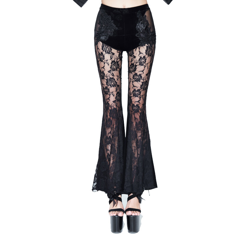 Damskie spodnie w stylu gotyckim Flare elastyczne spodnie w pasie koronkowe legginsy