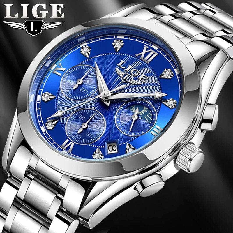 LIGE- Relojes deportivo de acero para hombre, reloj de lujo de marca superior, reloj deportivo con cronógrafo resistente al agua, para hombre, 2020