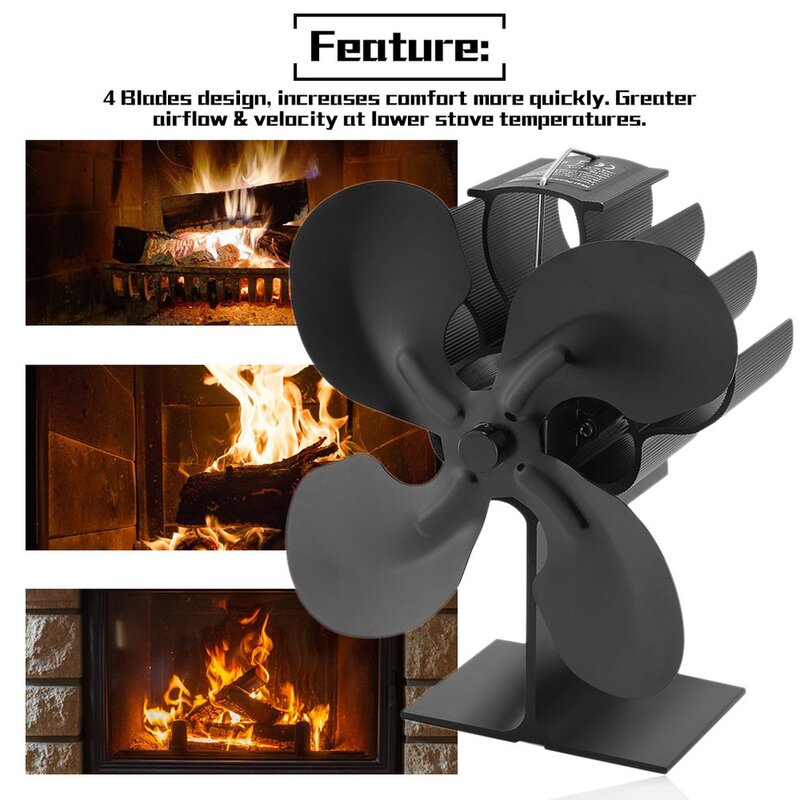 تحسين منزلي-مدفأة, مروحة فرن تعمل بالحرارة من 4 شفرات منفذ لحرق الخشب اللون أسود مدفأة منزلية مروحة لتوزيع الحرارة