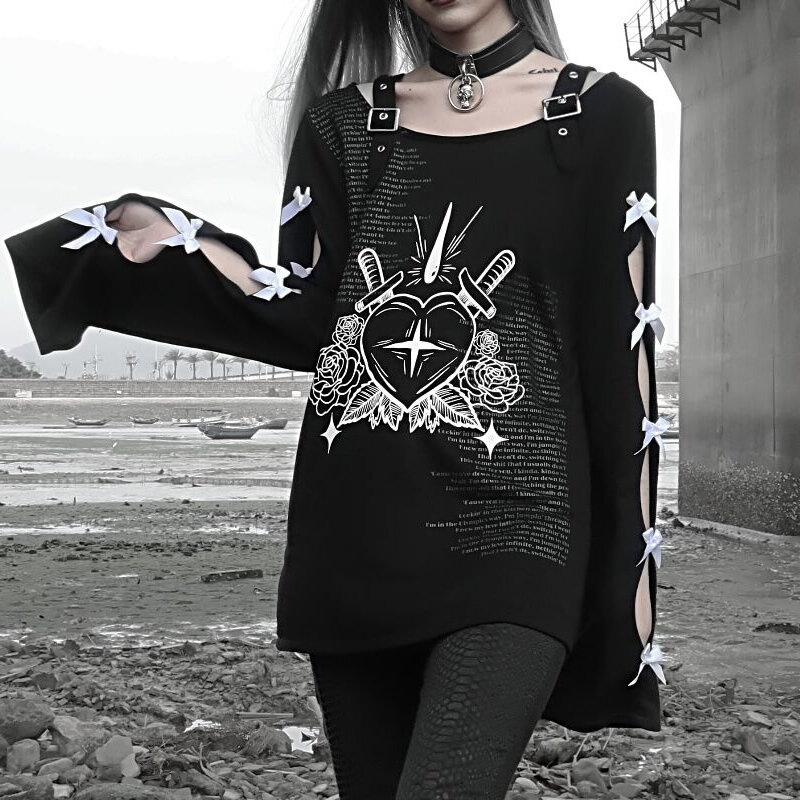 Emo ผู้หญิง Alt Streetwear แขนยาว Dark ความงามทางเลือก Gothic Goth Pullover ขนาดใหญ่เสื้อ Grunge เสื้อเสื้อผ้า