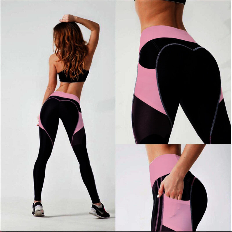 Wysokiej talii patchwork trening gimnastyczny legginsy wysokie elastyczne rajstopy z kieszonkowymi sportowymi spodniami jogi damskie spodnie do fitnessu slim running