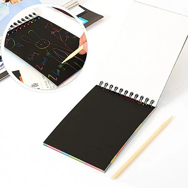 50% Hot Sale Kids Rainbow Colorful Scratch Art Kit Drawing Painting Paper Notebook with Drawing Stick Gift