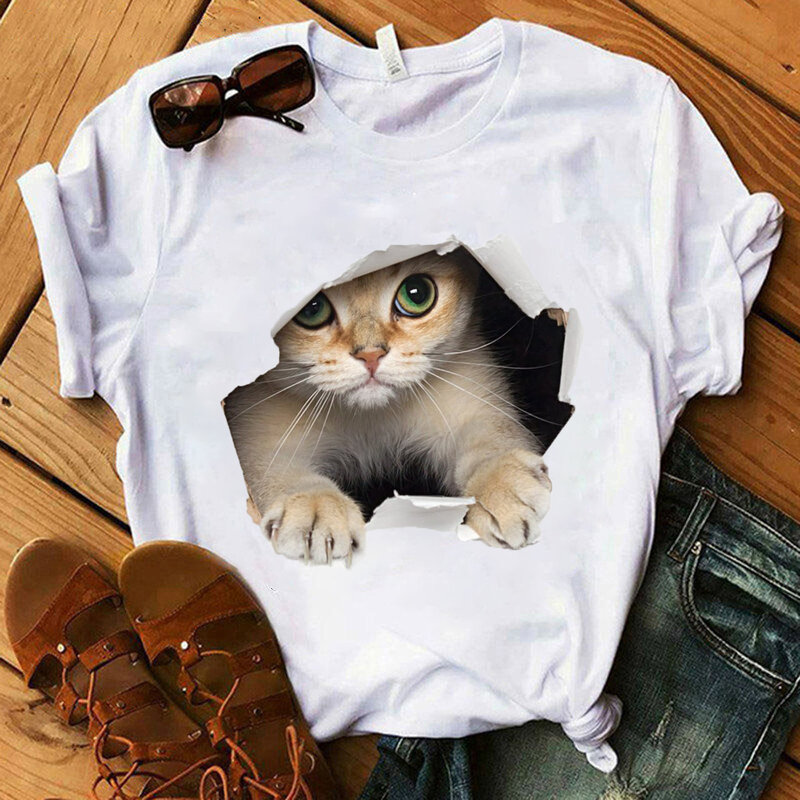 T-Shirt à manches courtes pour femmes, mignon et créatif, avec chat, Animal de dessin animé, amusant, été
