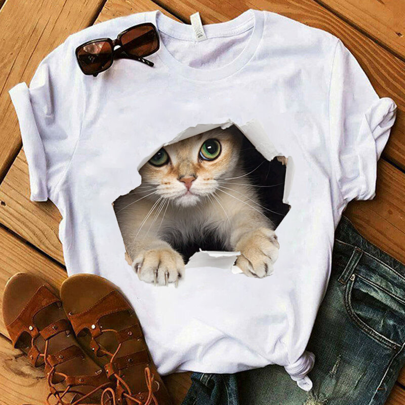 Camisetas de manga corta con dibujos animados de gato para mujer, ropa divertida de verano, camisetas, camisetas creativas