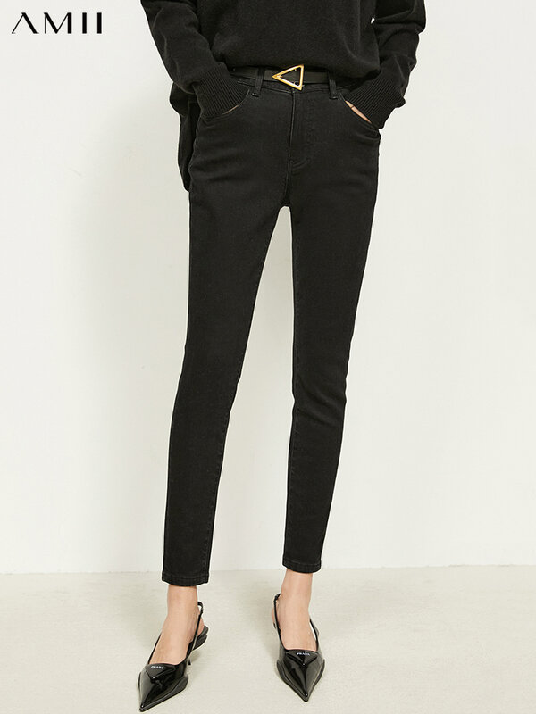 Amii minimalismo calças de brim inverno para as mulheres cintura alta lápis calças streetwear engrossar quente denim jeans calças femininas 12170555