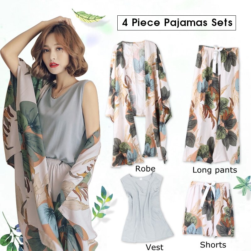 Conjunto de pijamas femininos estampados florais, 4 unidades, outono inverno roupa de dormir com shorts