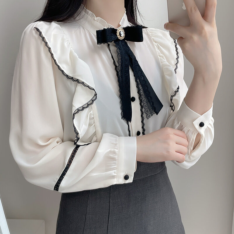 Blusa de gasa de manga larga con lazo para mujer, camisa elegante con volantes de retazos de encaje, primavera 2022