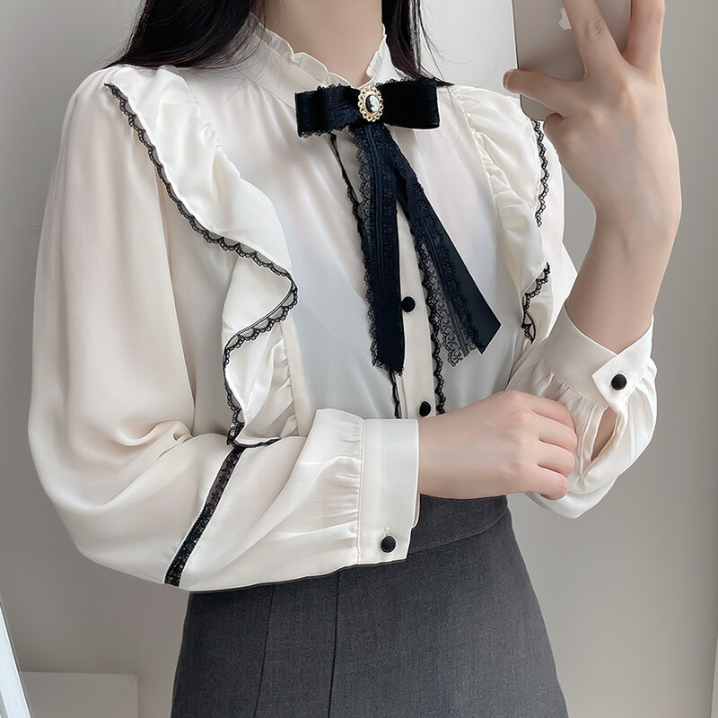 Spitze Patchwork Rüschen Bluse Frauen Elegante Shirt Bogen Langarm 2022 Frühling Chiffon Frauen Tops Und Blusen Blusas Y Camisas