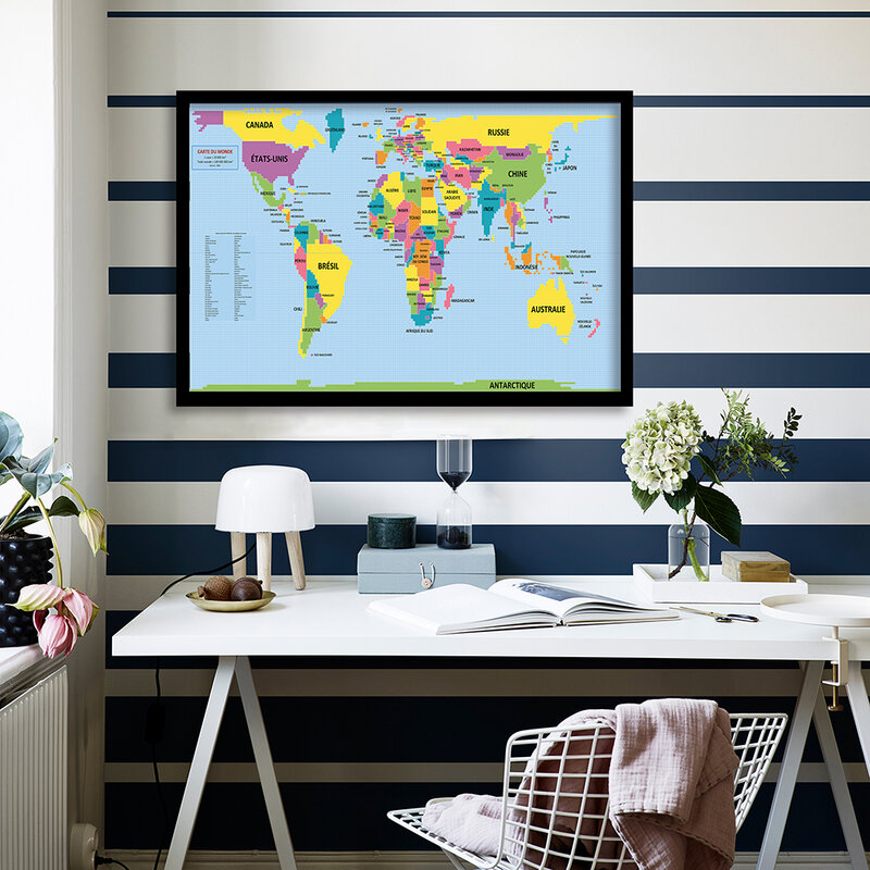 84*59センチメートル世界地図フランスエコフレンドリーなキャンバス絵画壁のポスターのリビングルームの家の装飾旅行学校用品