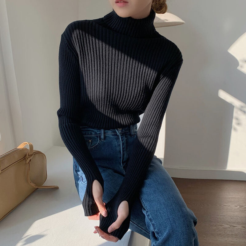 Sweater Wanita 2021 Streetwear Pullover Merenggang Turtleneck Rajutan Atasan Merah Muda Lengan Panjang Pakaian Musim Dingin Leher Tinggi Hitam