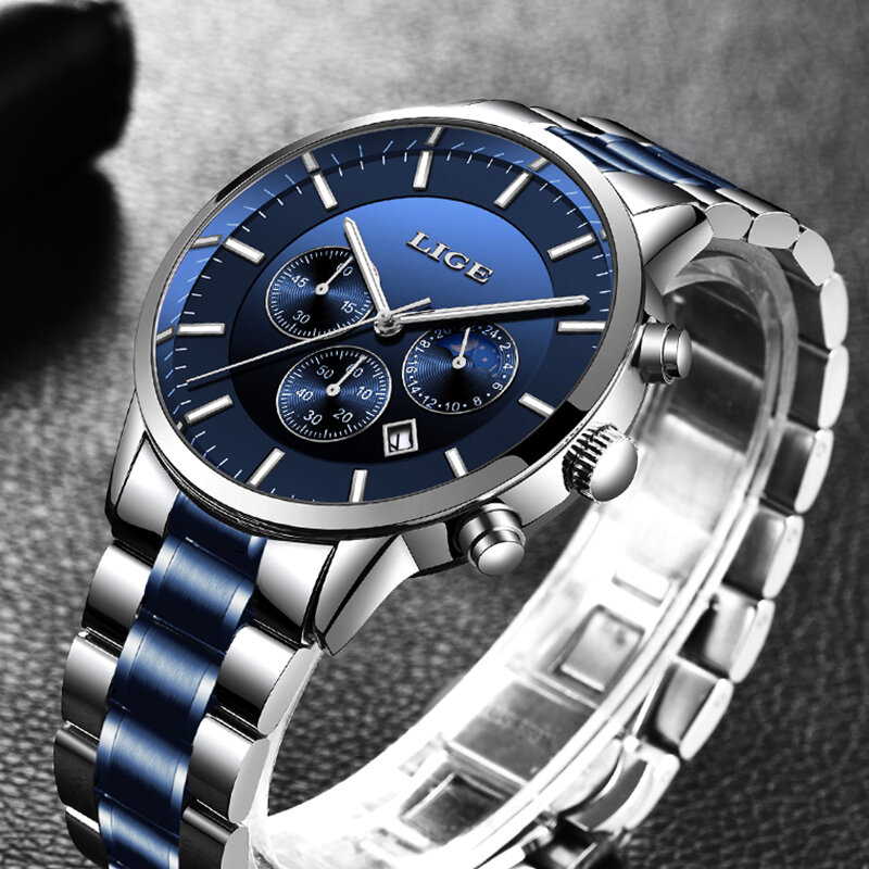 2021 lige marca superior dos homens relógios de aço inoxidável à prova dwaterproof água esporte cronógrafo relógio de quartzo de negócios de luxo masculino
