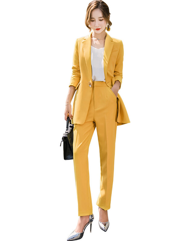 Women Clothes Casual Solid Women Pant Suits Notched Collar Blazer Jacket & Pencil Pant Yellow Female Suit Autumn High Quality