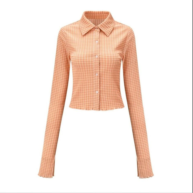 Blusas 2021 봄 가을 복고풍 옷깃 긴 소매 격자 무늬 플레어 슬리브 셔츠 카디건 여성 짧은 슬림 셔츠 рубашка женская