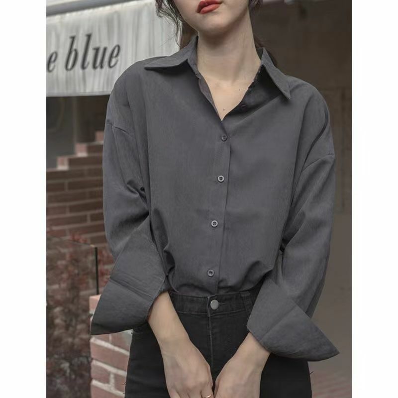 Xej primavera outono 2021 moda feminina blusa para mulheres estilo gelado cinza camisa de algodão tops com mangas compridas túnica