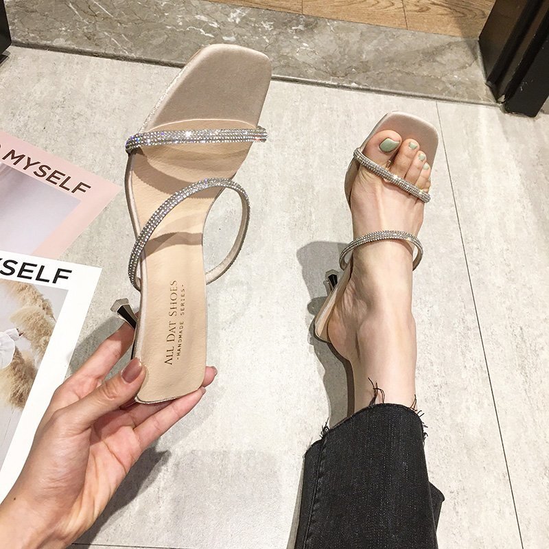 2021 letnie nowe modne damskie letnie buty na wysokim obcasie z wystającym palcem sandały wyjściowe Rhinestone Fashion Sexy Solid Color Large Size