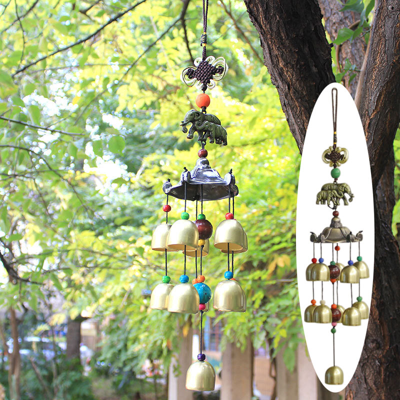 Metal Wind Chimes Hanging Elephant Vintage Ornament ​with 11 Metal Bells Colorful Wooden Beads Chinese Knot Garden Decoration