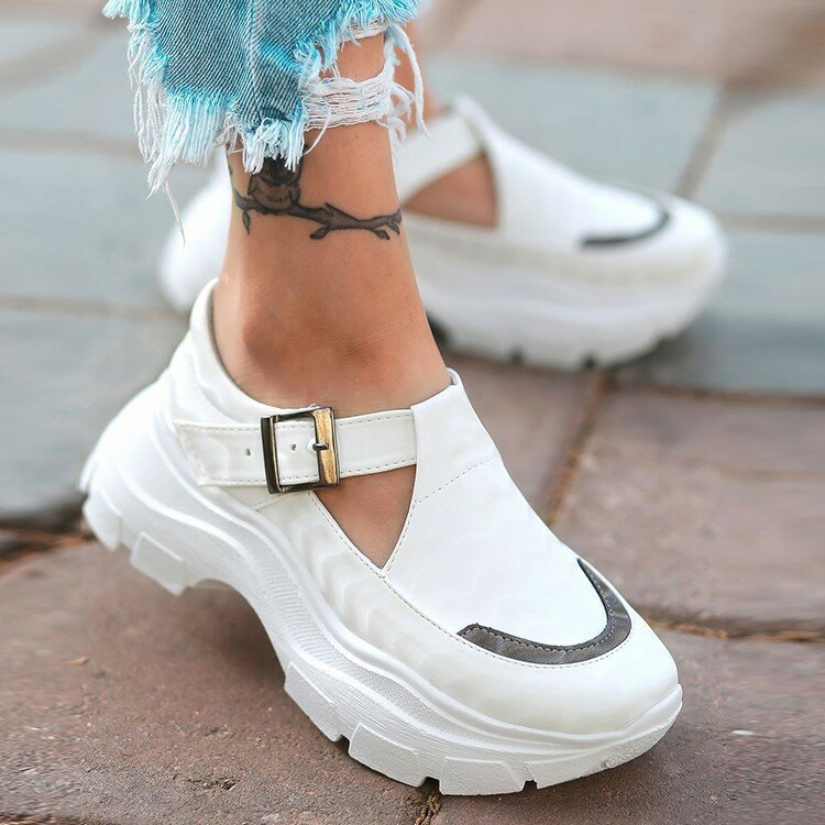 Zapatillas de deporte cómodas con plataforma para mujer, zapatos blancos con hebilla informal a la moda, para correr, vulcanizados, para otoño