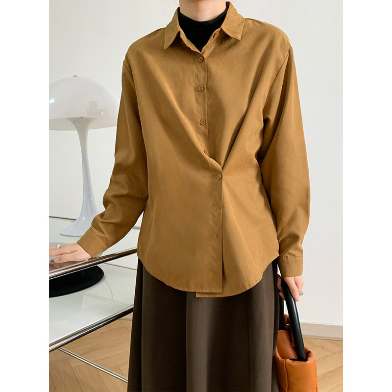 Camisa con solapa para mujer, blusa gruesa holgada de manga larga con botones oblicuos, Color sólido, estilo universitario, otoño e invierno, 2021, 8812