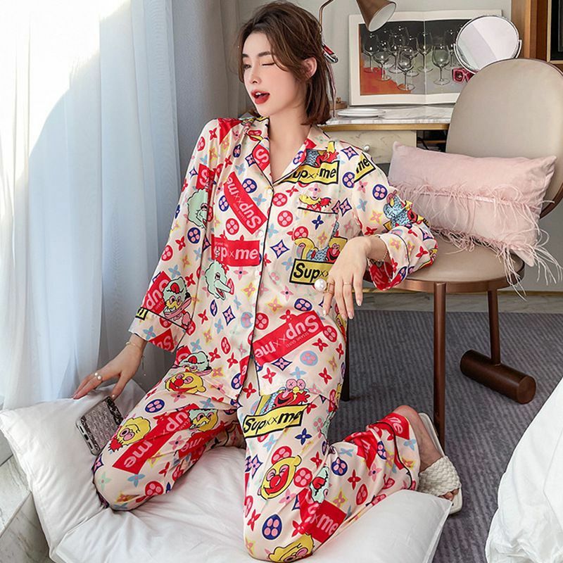 Women's Pajamas Set Female Sexy Sleepwear Spring New Silk Ladies Pyjamas Long Sleeve Pants  Home Service Suits Casual Sexy