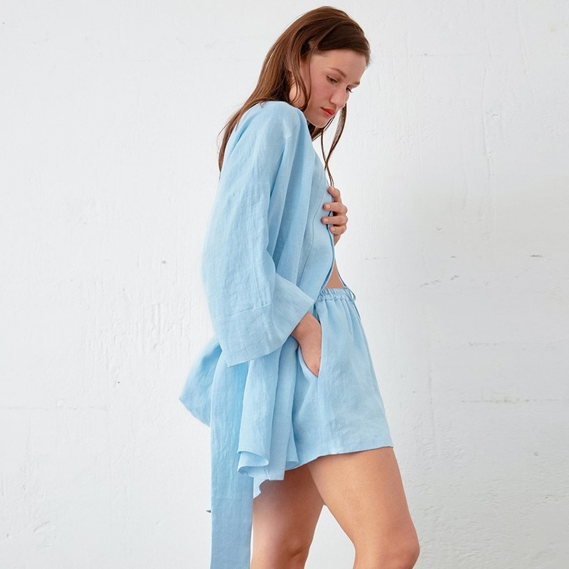 QWEEK Kimono-Pijama De algodón para mujer, conjunto De 2 piezas con pantalones cortos, ropa De dormir para el hogar