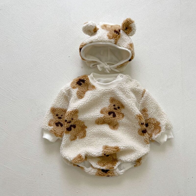 2021 Newborn Baby Romper Winter Costume Baby Boys Fleece Warm Clothes 2PC Baby Girls Clothing Sets Bear Overall Rompers Jumpsuit