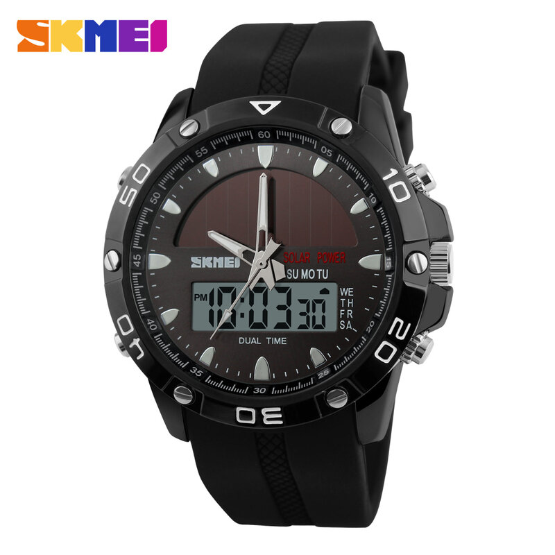 SKMEI ソーラーデュアルディスプレイ腕時計スポーツ腕時計クロノグラフ、アラーム 50 メートル防水コンプリートカレンダークォーツ腕時計 1064