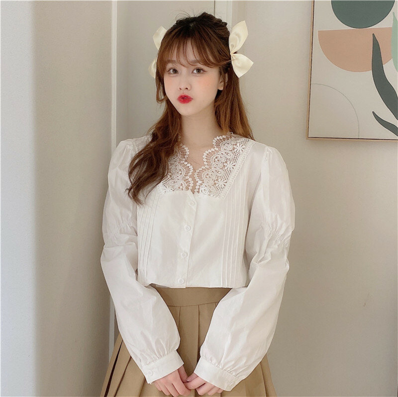 Frauen Bluse Baumwolle Weiß Koreanische Junge mädchen Neue spitze genäht V-ausschnitt solide Lange Ärmeln Weibliche Lose Bluse Shirt 880D