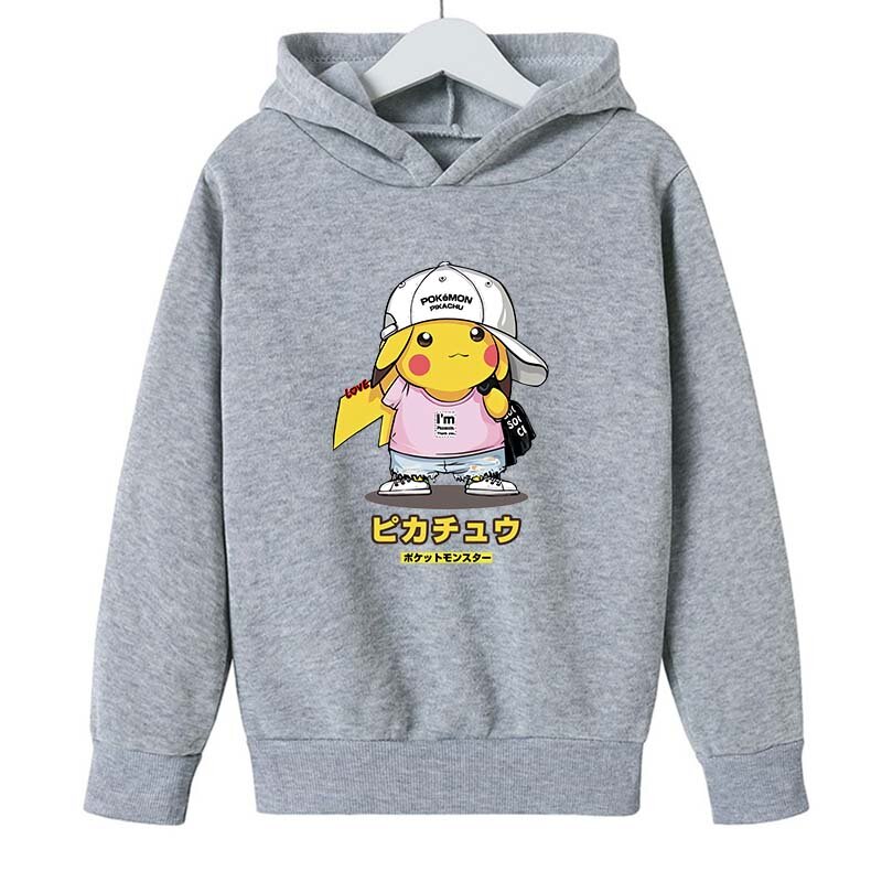 Impressão de algodão pokemon hoodie crianças bonito padrão azul camisola de manga comprida desenhos animados do bebê meninas hip hop roupas rosa da criança com capuz