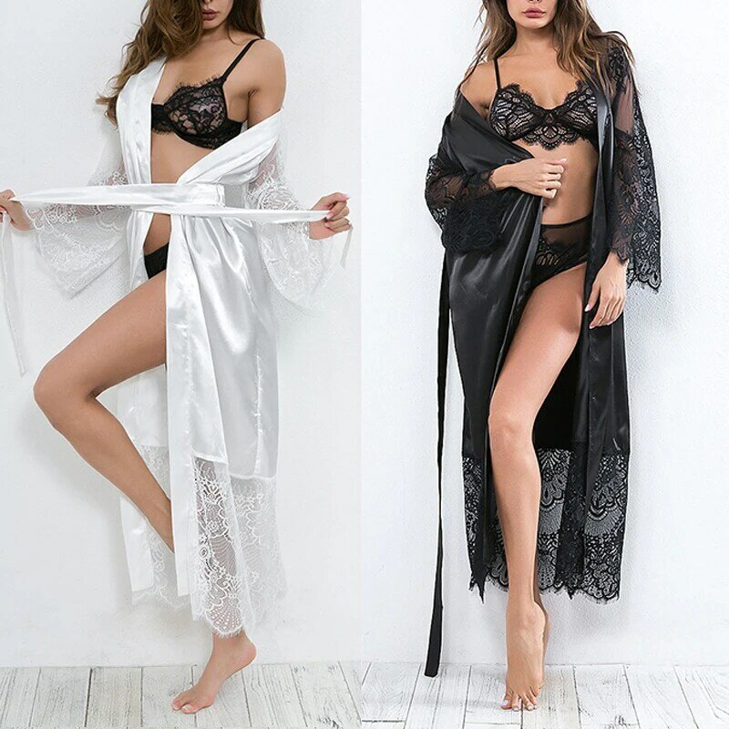Pijamas de satén de encaje Sexy de gran tamaño para mujer, ropa interior, pijamas con cuello en V, batas de baño de seda de hielo sueltas de encaje