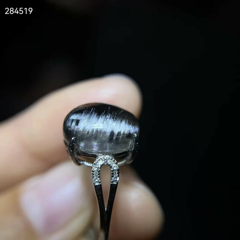 Anillo ovalado de cuarzo Natural para hombre y mujer, sortija de plata, platino, negro, rutilado, 13,4/11,7mm, plata 925, AAAAA