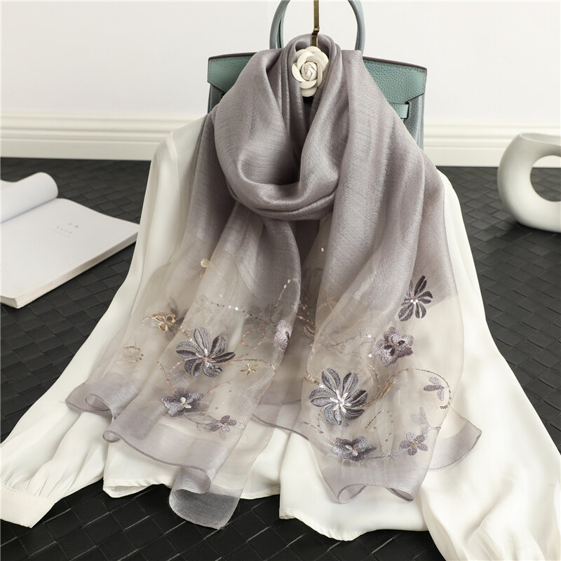 Écharpe en laine de soie pour femmes, Foulard Hijab brodé à fleurs, Pashmina, châles de printemps, enveloppes de plage, 2021