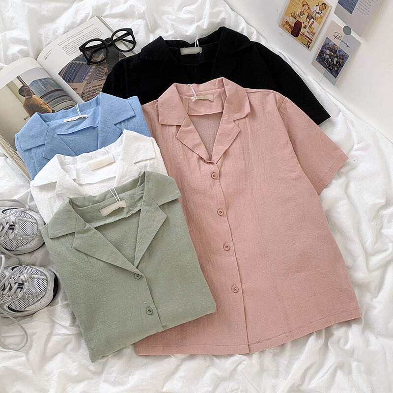 Rena – chemise à manches courtes pour femmes, vêtement Vintage, Texture japonaise fraîche, boutonnage à revers, couleur unie, ample, amincissant et assorti