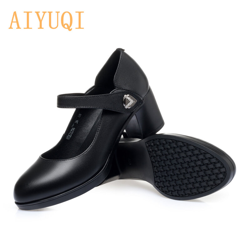 Aiyuqi senhoras sapatos primavera 2022 novo couro genuíno sapatos de salto alto mulher tamanho grande 41 42 dedo do pé redondo mary jane sapatos