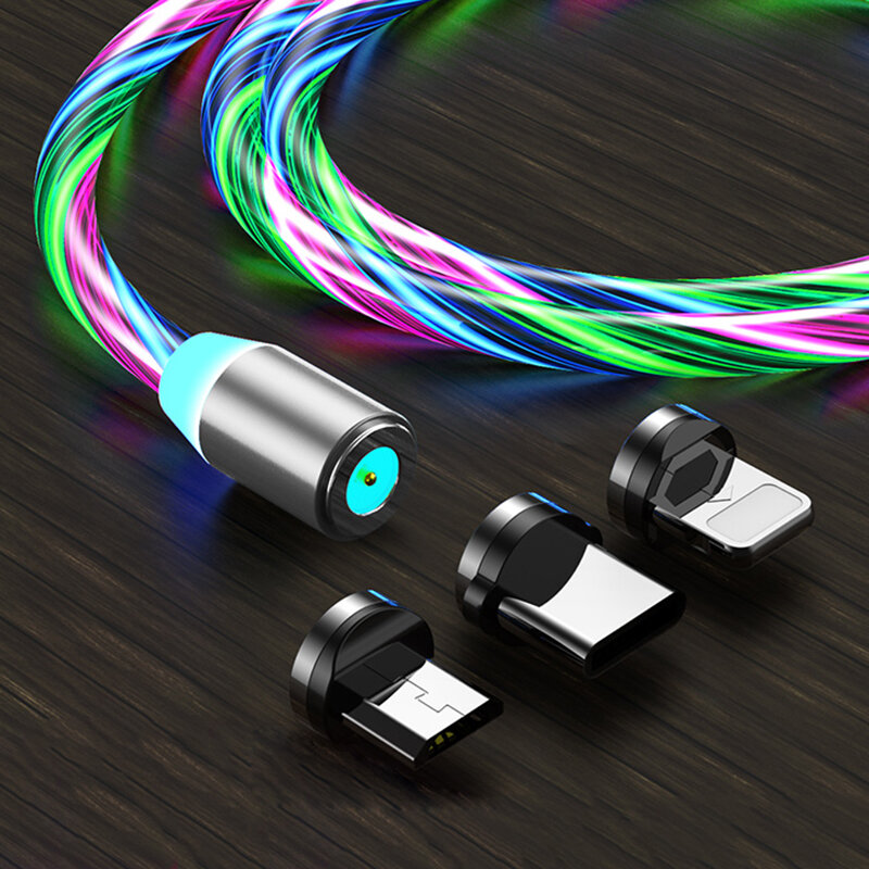 LED توهج تتدفق كابل شاحن مغناطيسي مضيئة الإضاءة شحن سريع مايكرو USB نوع C آيفون هاتف أندرويد USBC سلك الحبل