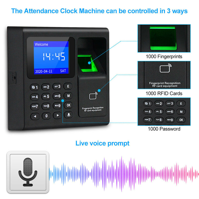 Sistema de Control de Acceso biométrico por huella dactilar, RFID, con teclado, reloj electrónico por USB, grabadora de reloj de tiempo, máquina de asistencia + 10 tarjetas Keyfobs