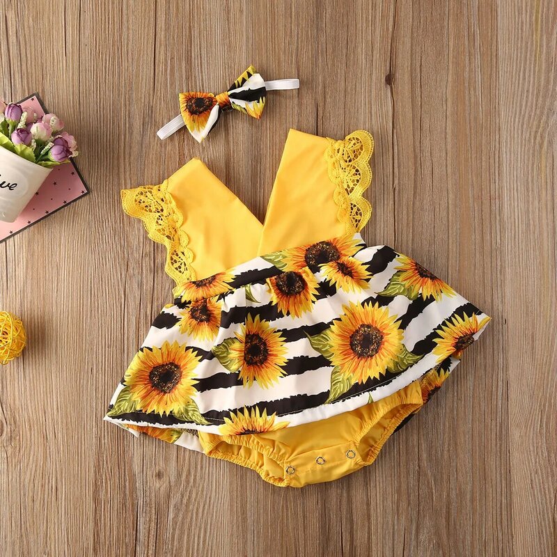 Pudcoco ทารกแรกเกิดเสื้อผ้าเด็กผู้หญิงฤดูร้อนลูกไม้ Ruffle Sunflower พิมพ์ Romper Headband 2Pcs ชุดเสื้อผ้า Sunsuit
