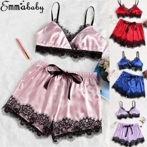 Trendi Terbaru Fashion Cute Renda Solid Tinggi Pinggang Sutra Satin Wanita Piyama Set Piyama Baju Tidur Pakaian Rumah Homewear