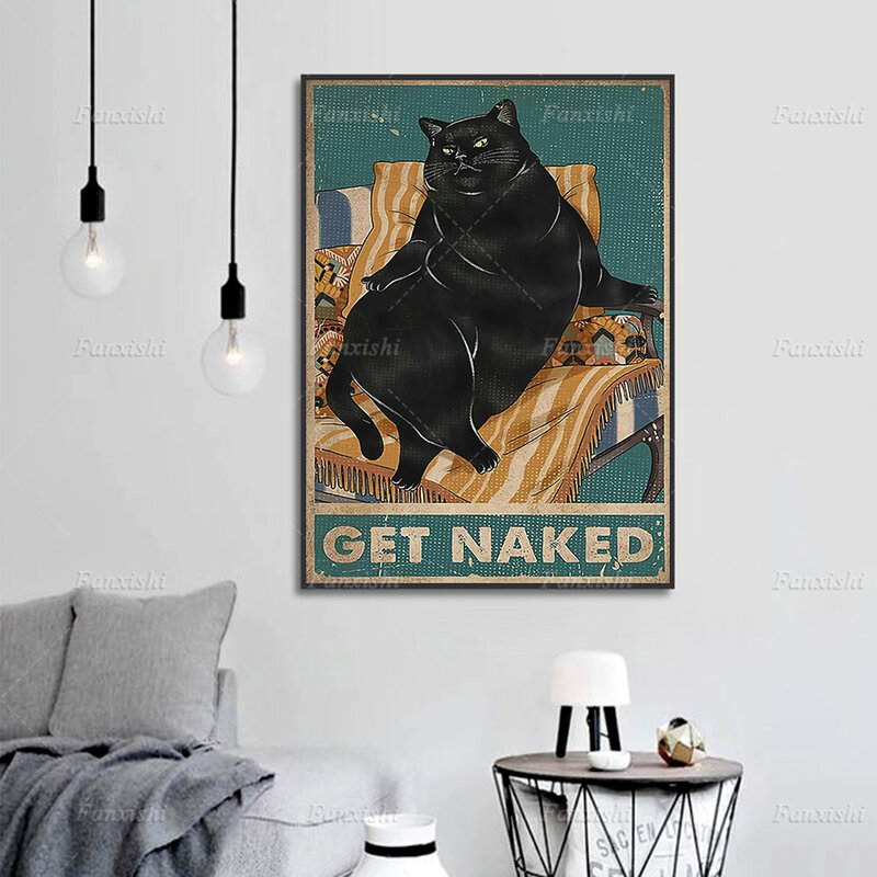 레트로 검은 고양이 알몸 재미 있은 포스터 북유럽 벽 아트 캔버스 인쇄 레트로 회화 모듈 형 그림 거실 홈 장식